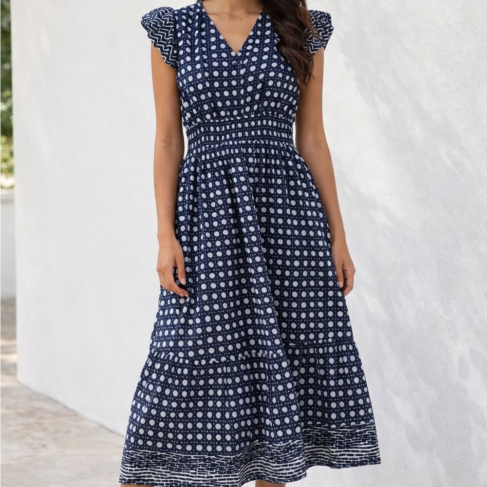 Navy Blue Printed V-Neck Midi Dress